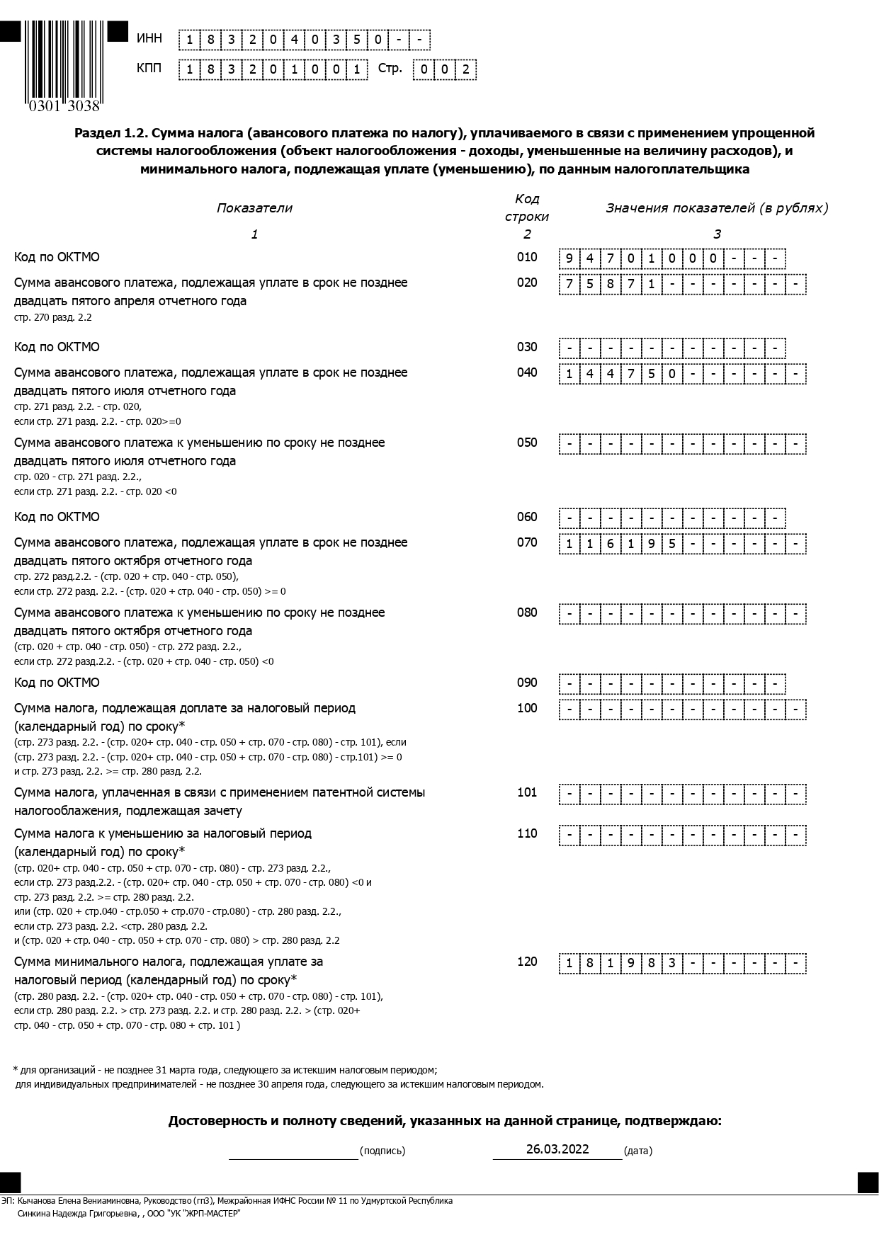 Налоговая декларация по налогу УСН 2021 page 0002
